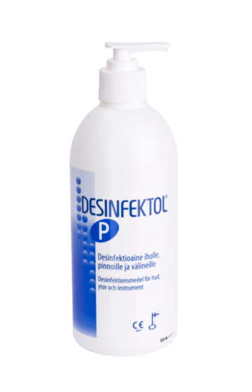 Kuvassa Desinfektol P etanolipohjainen desinfektioaine 500 ml pumpulla
