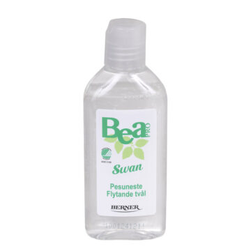 Kirkas pullo, jossa etiketti. Tuotteen nimi on BEA PRO SWAN 100 ML PESUNESTE. Kotimainen, hajusteeton pesuneste on Joutsenmerkitty ja sopii päivittäiseen käyttöön.
