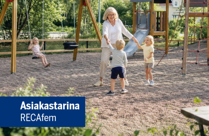 Iloinen isoäiti leikkii kahden lapsenlapsensa kanssa leikkipuistossa, hyppii ja liikkuu vapaasti. Kuva luotu tekoälyllä.